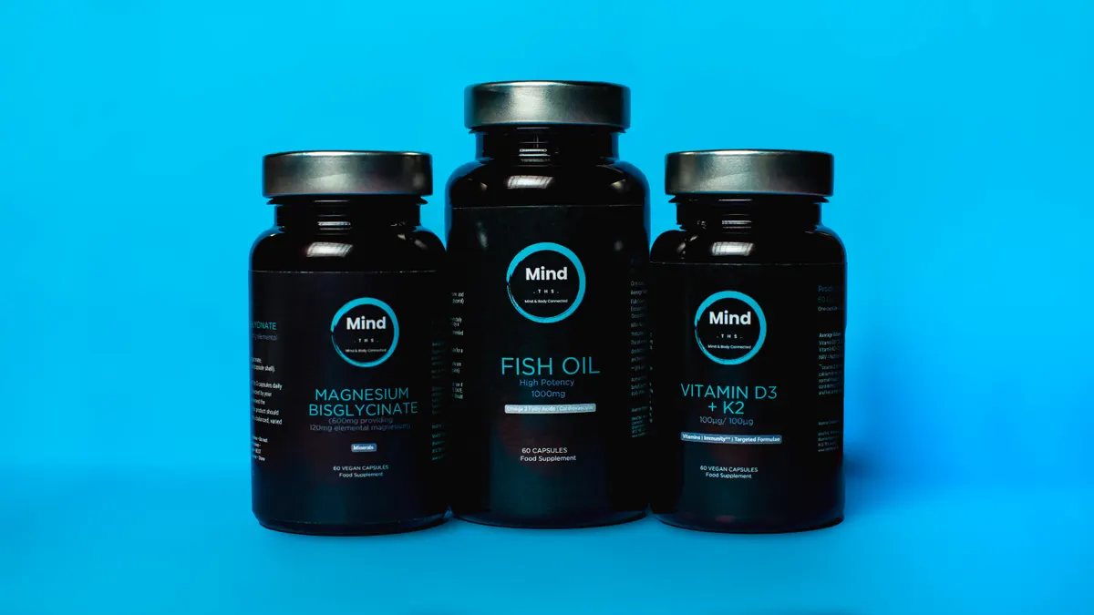MindTHS Magnesium Bisglycinate, Fish Oil 1000mg and Vitamin D3 + K2 bottles